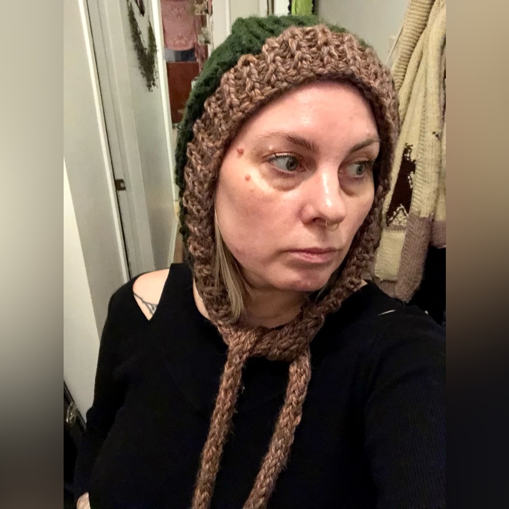 Handmade Green and Taupe Knit Medieval Hood
